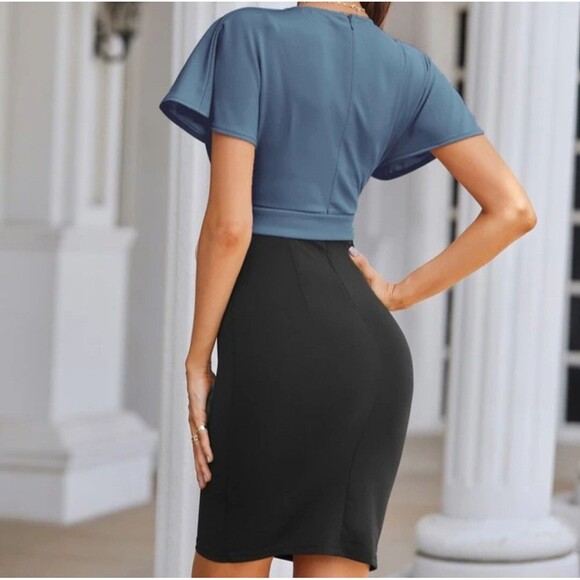 GRACE KARIN Womens Pencil Dress Flutter Sleeve Knee Length Blue Black Stretch - Picture 5 of 10